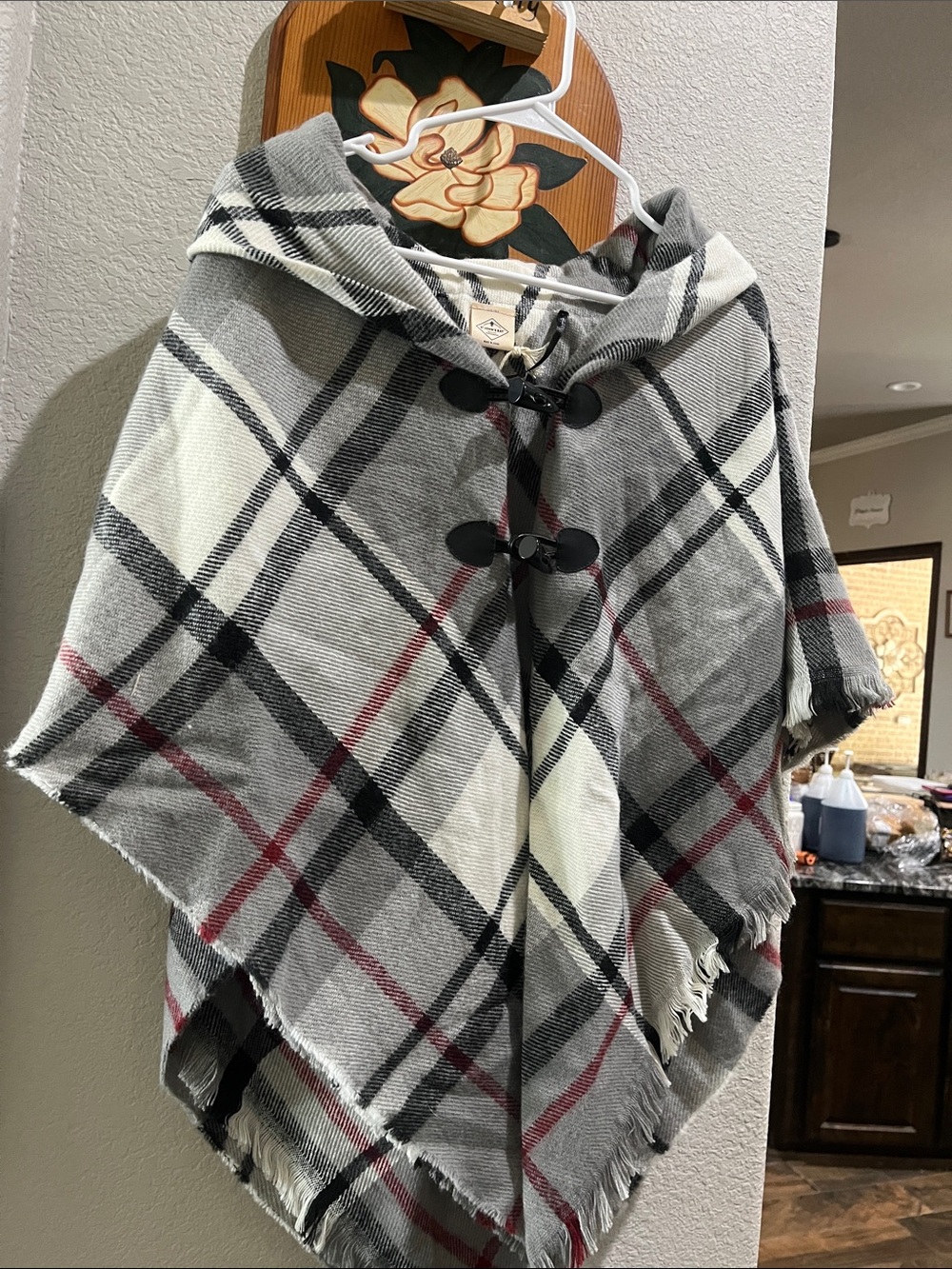 St. John's Bay Gray, White & Red Plaid Hooded Poncho